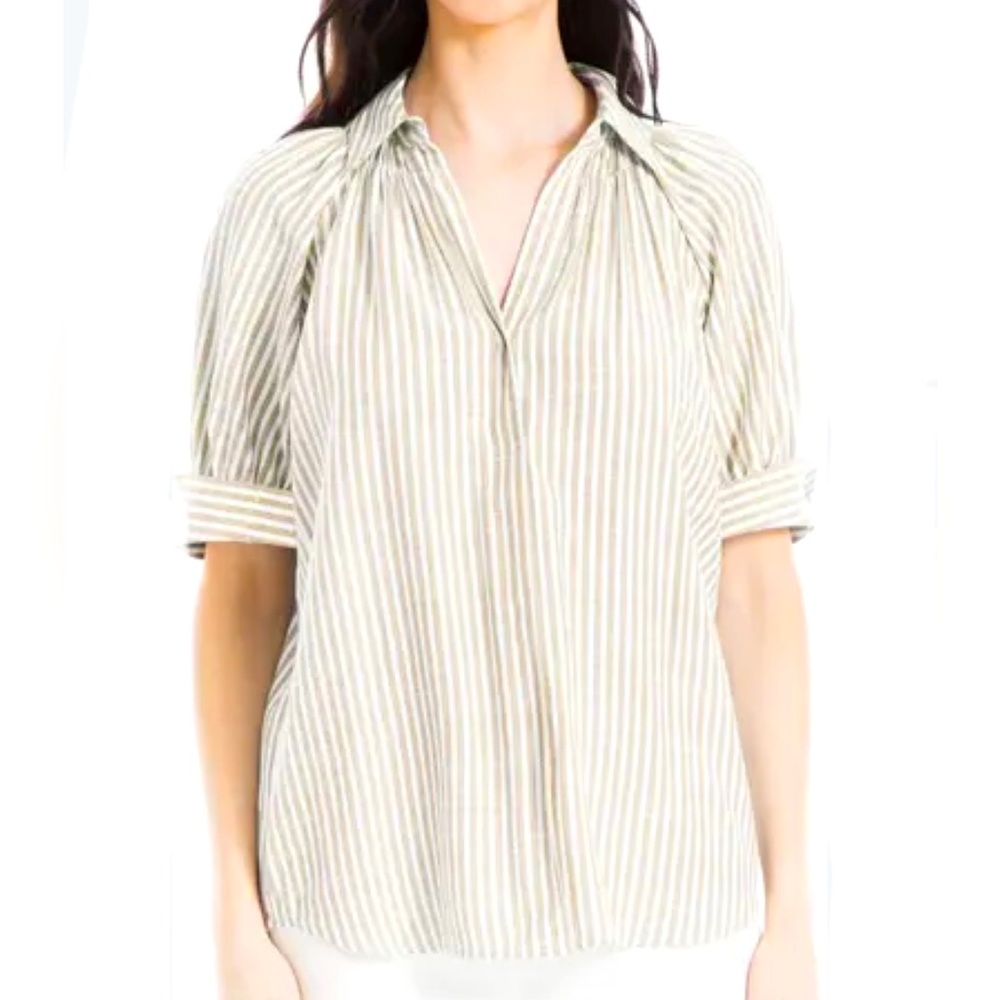Max Studio Beige and White Striped Button-Front Blouse
